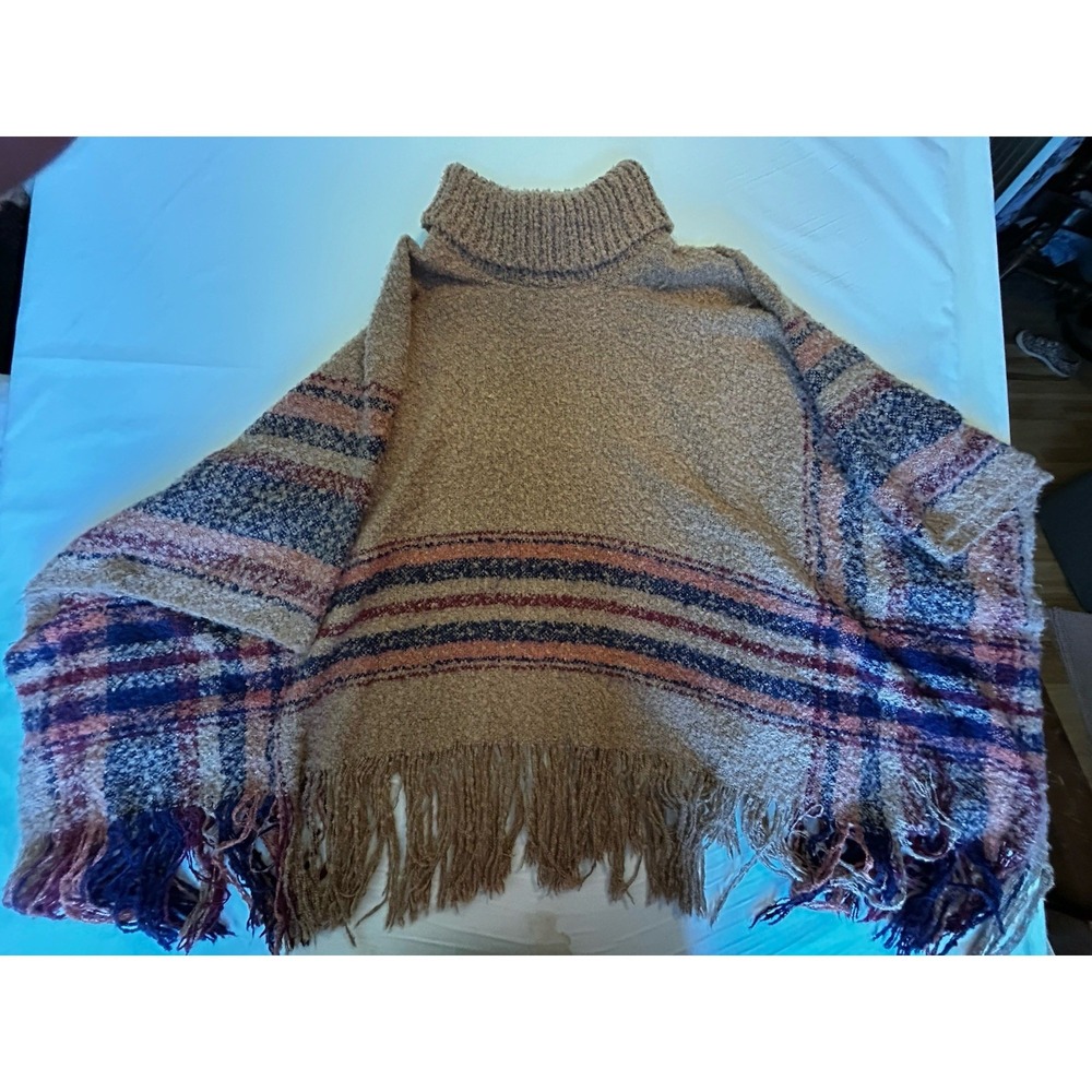 Francesca's  Pullover Sweater Poncho BOHO Chunky Lagenlook Boxy Fringe High Neck
